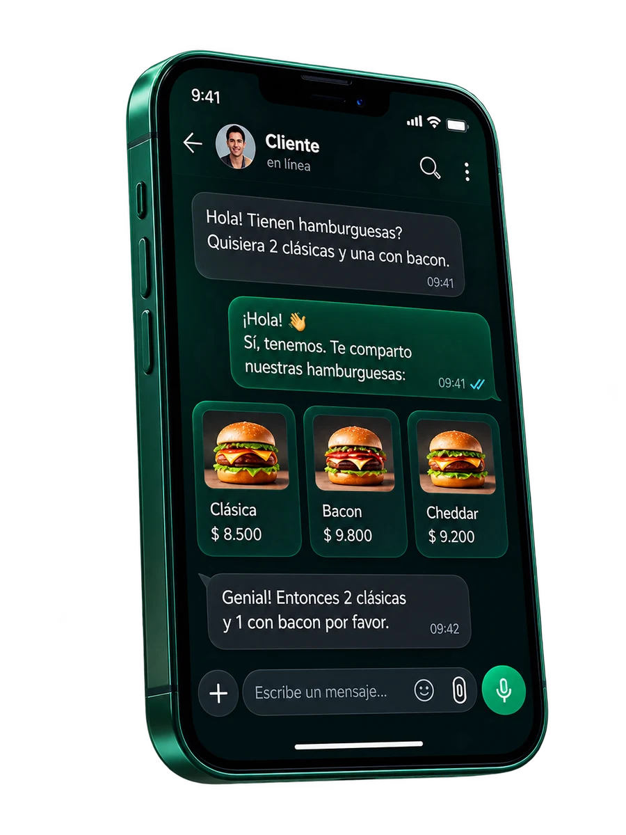 Conversación de WhatsApp en la que un cliente consulta y elige hamburguesas