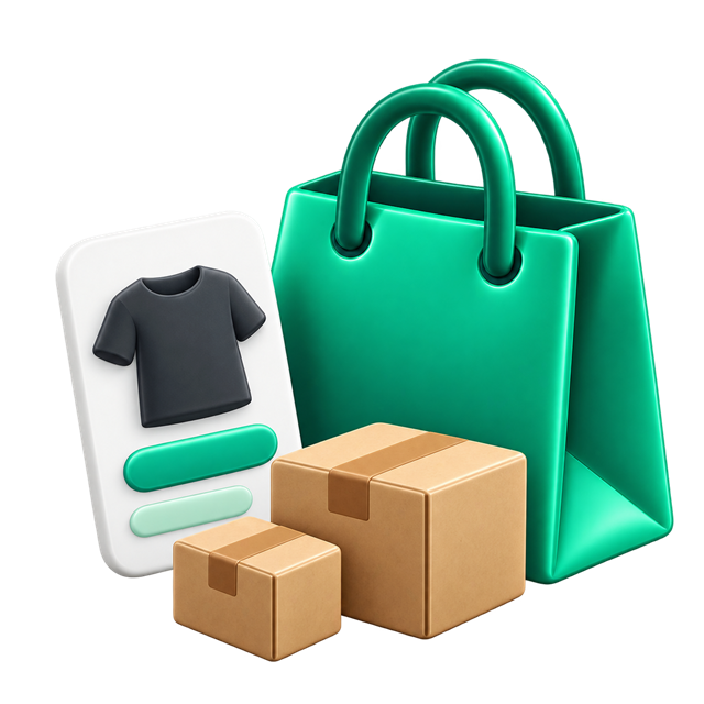 Ilustración 3D de catálogo, bolsa de compra y paquetes